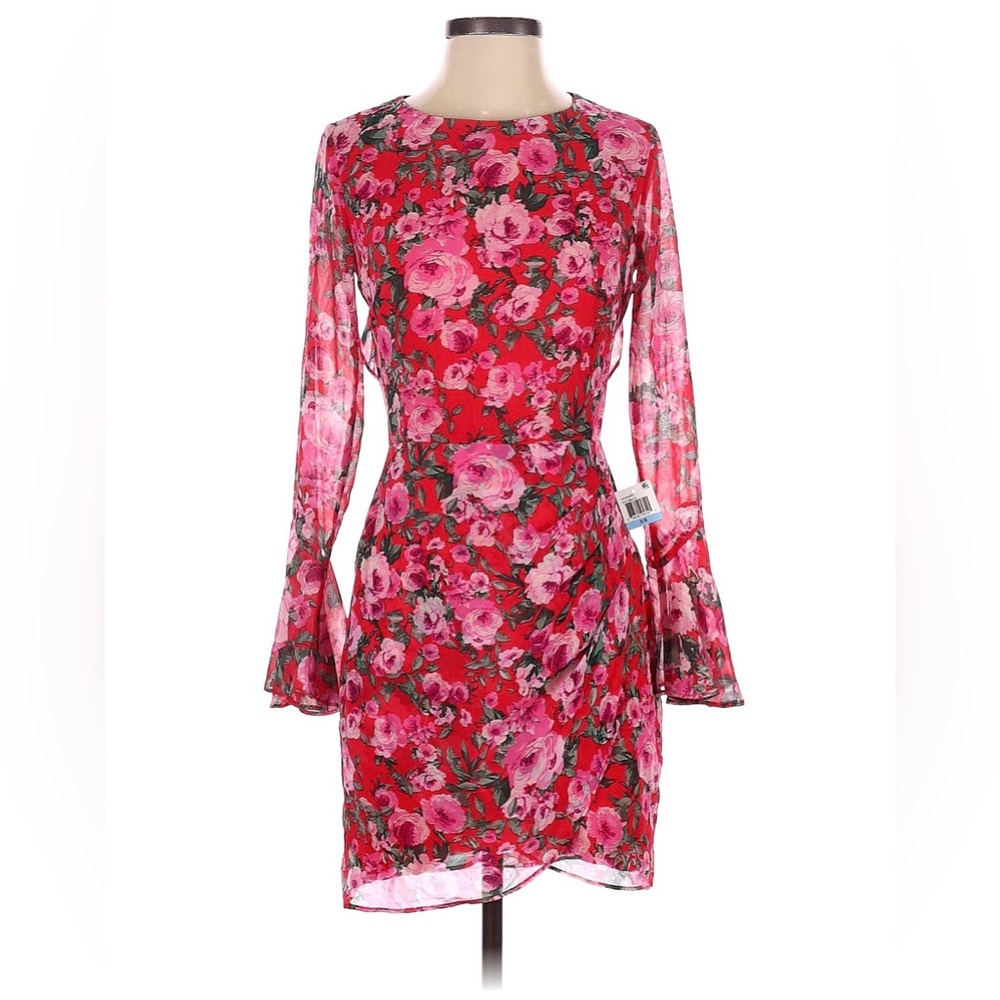 NWT B Darlin Red Floral Long-Sleeve Sheath Dress with Pink Roses
